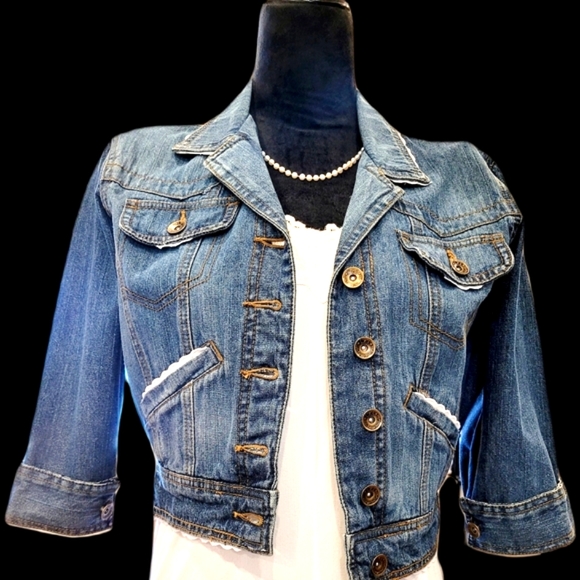 HANDMADE" ☆OKD  "L.e.i." "WINDOW FLOWERS" UpPURPOSED JEAN JACKET! 💙 LG - Picture 2 of 11